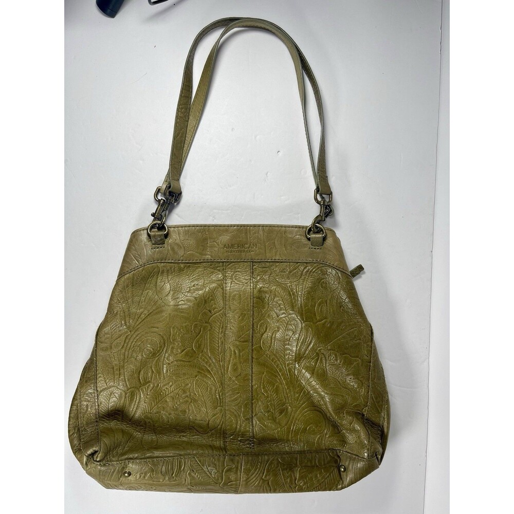 American Leather Co. Olive Green Tooled Genuine Leather Hobo Shoulder Bag